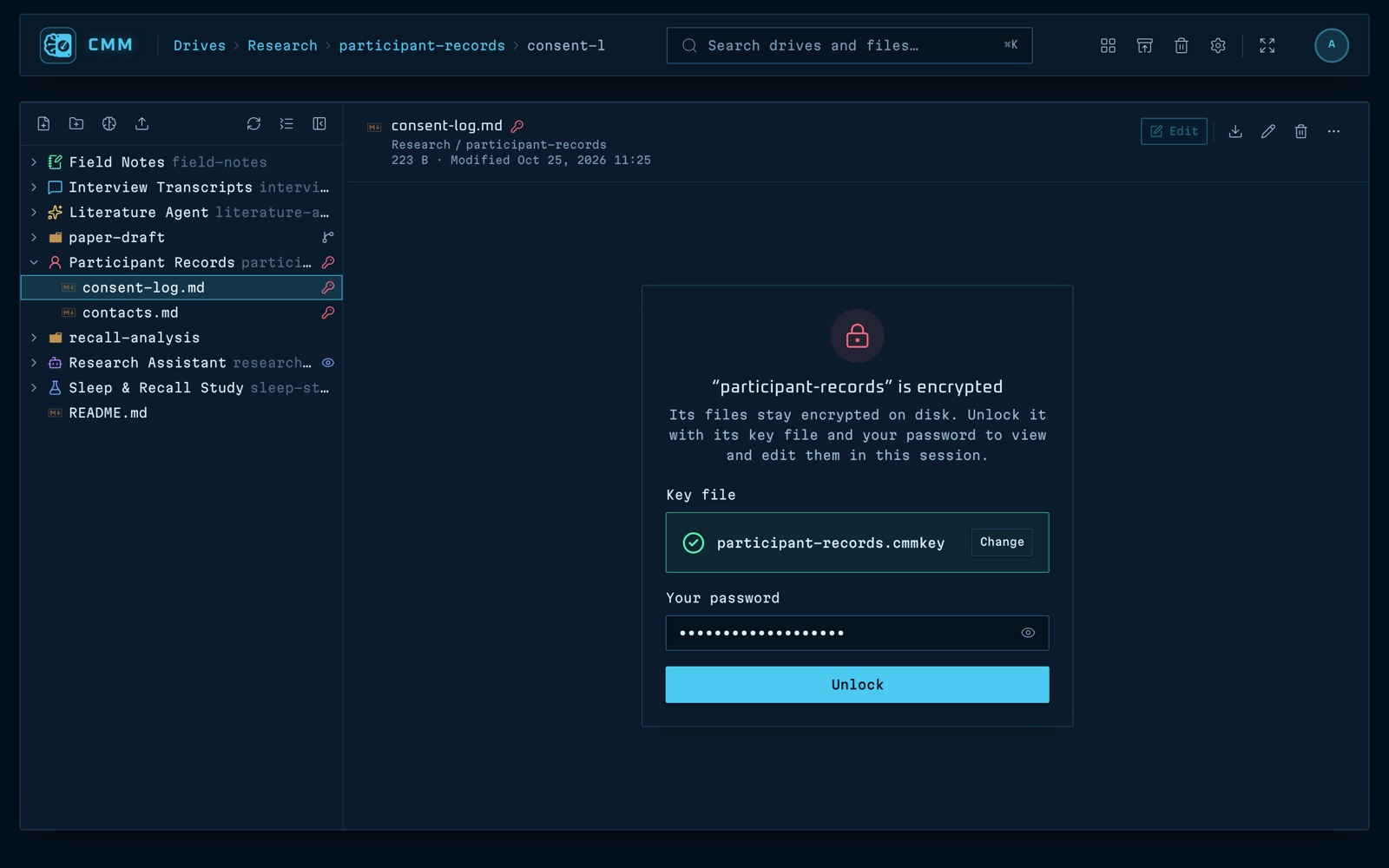Unlocking an encrypted folder in CMM with its key file