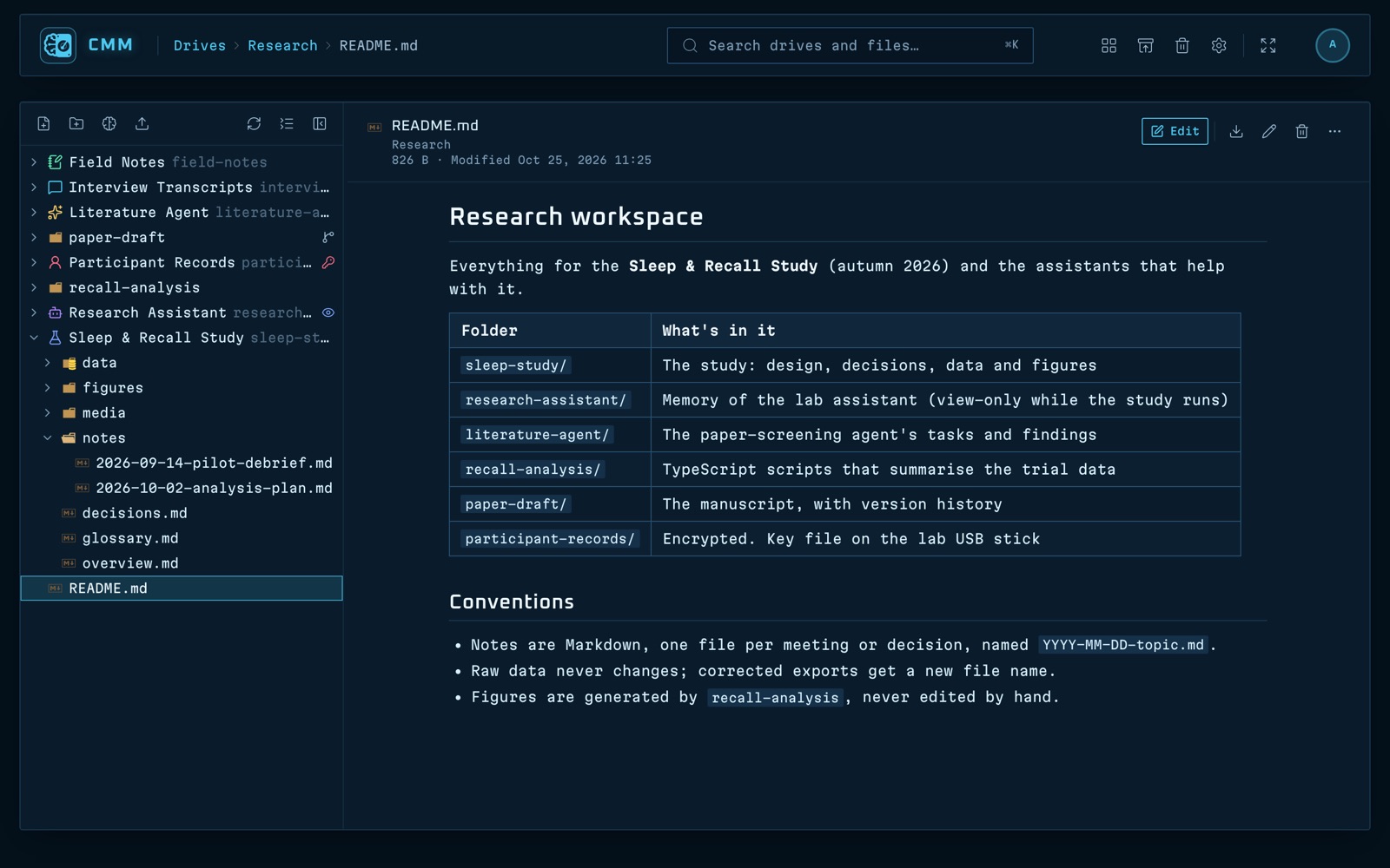 The CMM explorer with a file tree and a Markdown file open