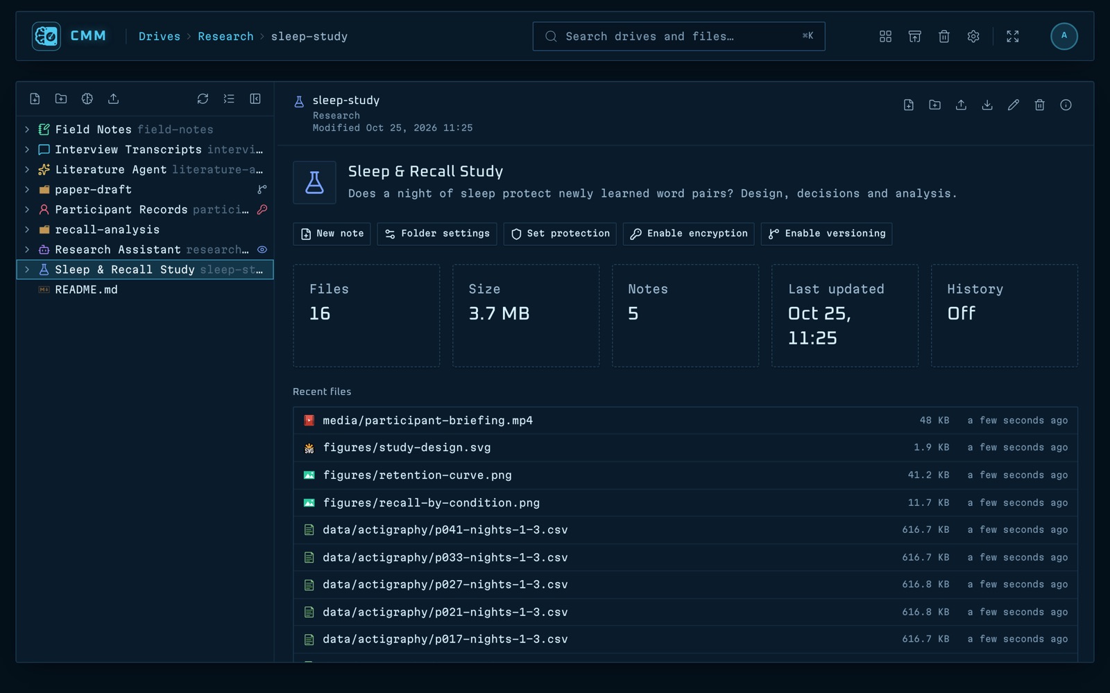 The overview page of a memory folder in CMM