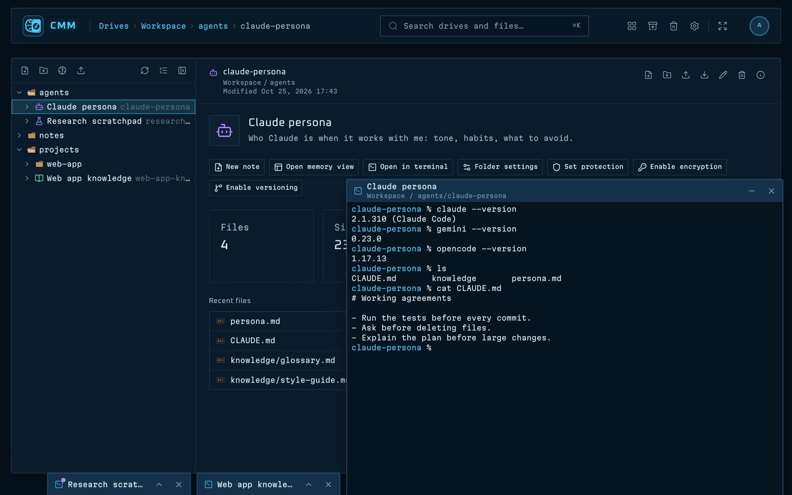 CMM running Claude Code, Gemini CLI and opencode in a memory folder's terminals